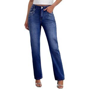 Women's High Waisted Stretch Denim Jeans Rhinestone Wide Leg Pants